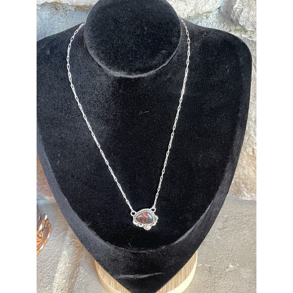 Red Fire Opal Sterling Silver Necklace 16-18” Artisan Southwest Boho Pendant - Picture 3 of 6
